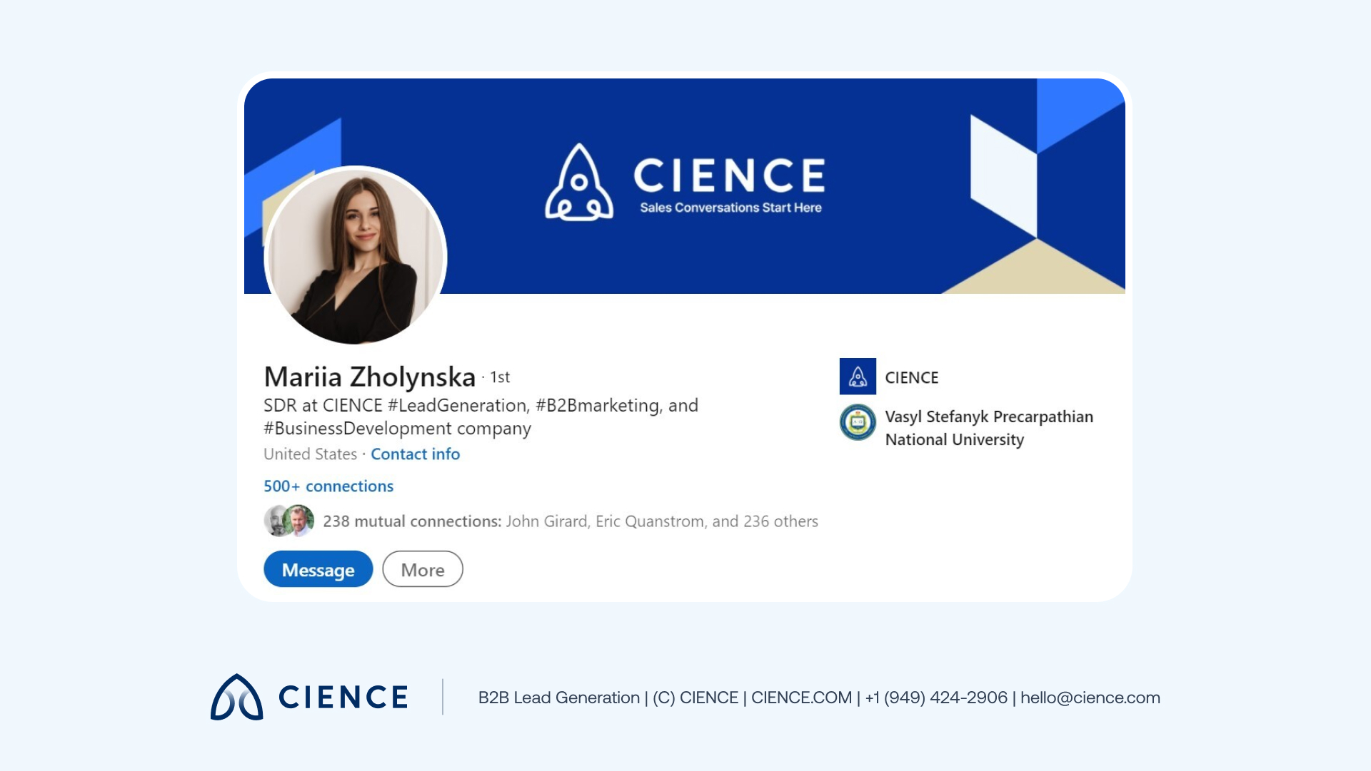 Optimized LinkedIn SDR profile example with professional headshot, company cover photo, and fully completed About section for B2B outreach credibility